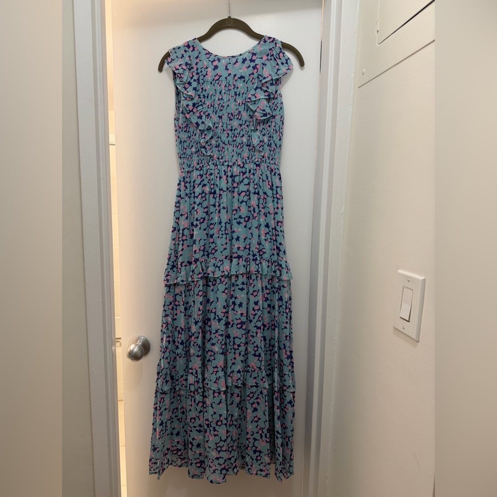 Banjanan Blue Floral Ruffle Maxi Dress with Pink Accents